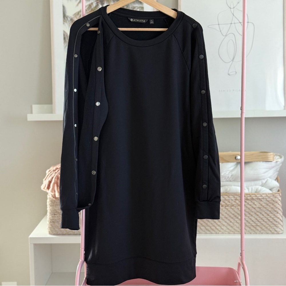 Athleta Black Snap-Button Sleeve Sweatshirt Dress | Size L